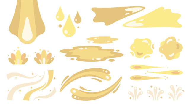 set of yellow magic particle effects with sparks, light trails, liquid splashes, energy bursts, fantasy game UI elements, mystical power symbols