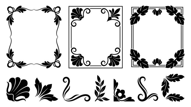 Set of black floral frames and decorative corner elements with vintage botanical flourishes, elegant wedding invitation borders, stationery
