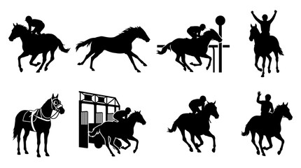 Fototapeta premium Set of horse racing silhouettes in black flat style, dynamic galloping equines with jockeys, equestrian competition, speed and sporting event motifs