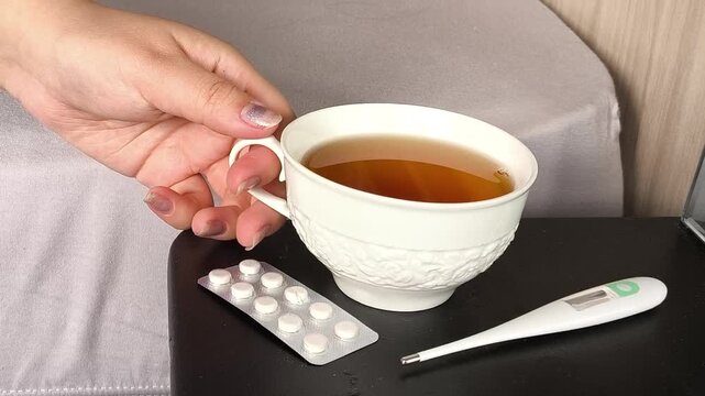 Sick woman taking a cup of tea with a thermometer and pills on the table, seasonal viral infections, respiratory illness, flu season and high infection rates.