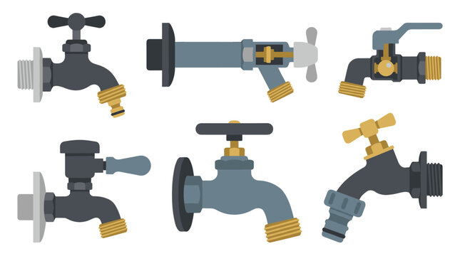 Set of water faucet icons with different metal handle designs for plumbing hardware, infrastructure systems, industrial maintenance and repair