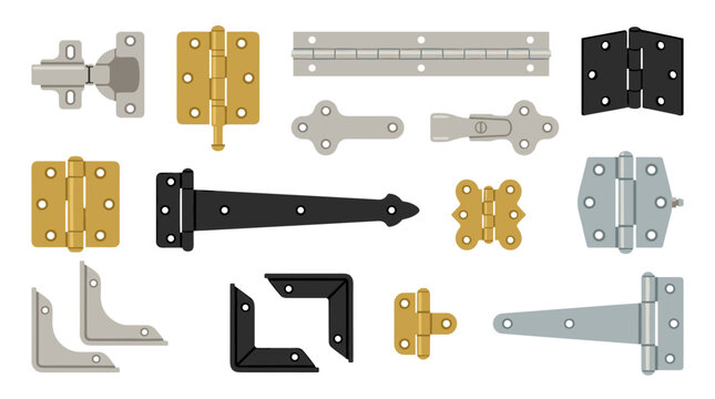 Set of metal door hinges in various styles, industrial hardware collection for construction, home renovation, furniture assembly, carpentry