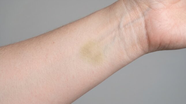 Close-up of Fading Yellowish Bruise on Human Inner Wrist Skin