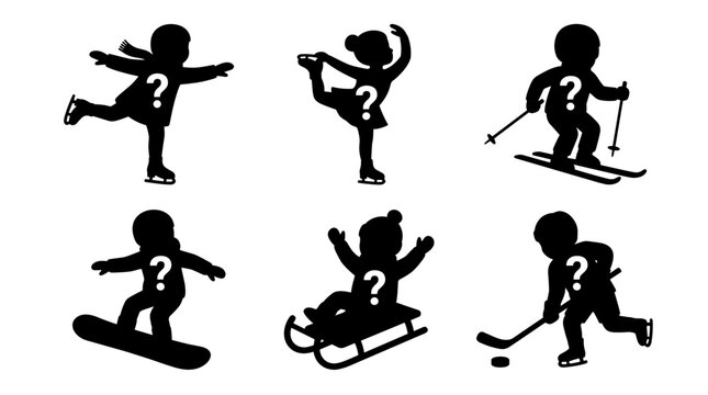 Set of silhouettes of children doing winter sports with a question mark symbol on each, representing mystery sports, inquiry, winter activity icons