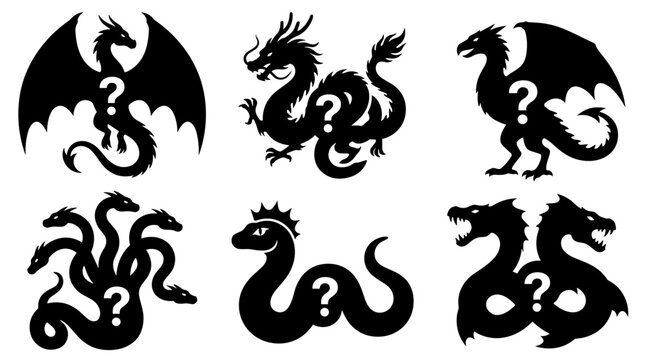 Set of black dragon silhouettes with question mark symbols, mythical mystery creatures, fantasy beasts, mystery games, unknown legend, gaming UI icon
