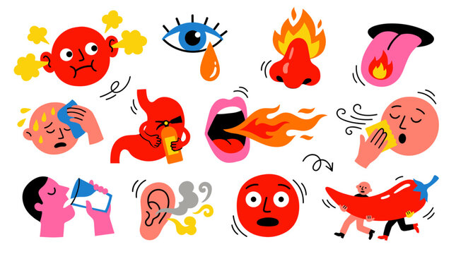 Set of expressive icons showing reactions to spicy food with human faces and body parts, eating experience, culinary heat sensation, hot chili