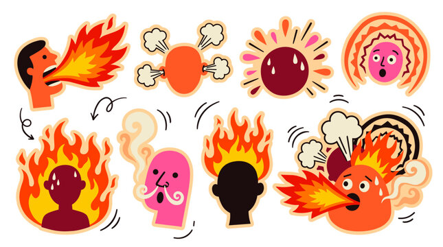 Set of expressive heads with flames and steam, emotional reactions depicting anger, rage, stress, frustration, intensity, bold vector illustration