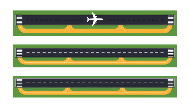 Set of three airport runways with plane silhouette, tarmac layout, aviation infrastructure navigation, flight path indicators, aviation mapping