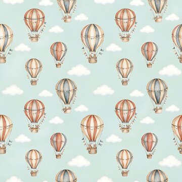 Seamless pattern with watercolor hot air balloons and fluffy clouds on a light blue background for nursery decor