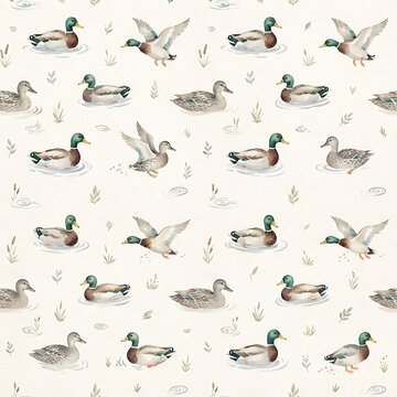 Seamless pattern with hand drawn watercolor mallard ducks swimming and flying on a light beige background