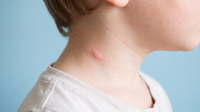 Side View of Red Swollen Mosquito Insect Bite Wheal on Child Neck