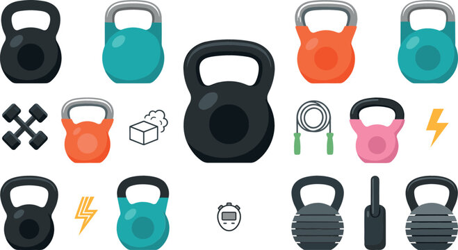 Kettlebell vector icon set with colorful fitness weights heavy dumbbells jump rope stopwatch lightning bolt and gym equipment elements isolated