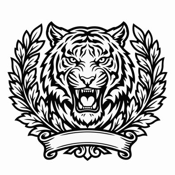 Ferocious tiger head mascot, roaring tiger emblem with laurel wreath, black and white predator vector logo for sports and apparel