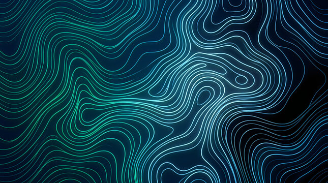 Futuristic Abstract Topographic Contour Lines Background in Glowing Teal and Blue Neon Gradient