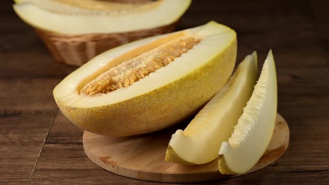 Ripe Torpedo melon cut into slices, yellow juicy flesh, fresh sweet summer fruit close up