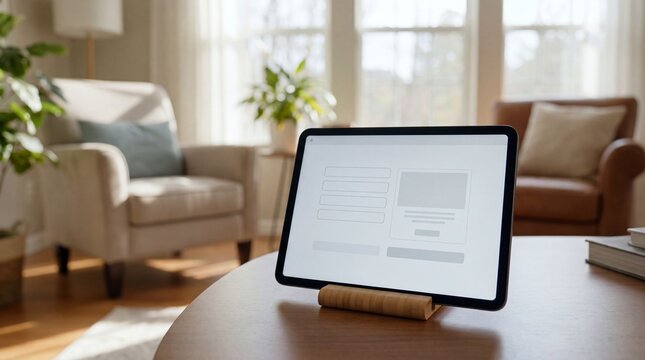 Smart thermostat display on a tablet resting on a wooden table in a cozy living room with natural light and plants