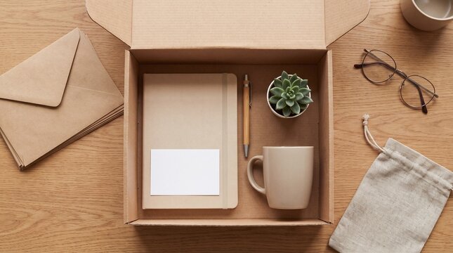 An open cardboard box displaying a welcome kit featuring a notebook, pen, mug, small plant, and eyeglasses arranged on a wooden surface