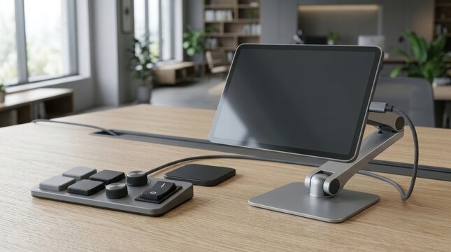 Modern digital tablet on adjustable silver stand, creative workstation with macro keypad, professional office desk setup