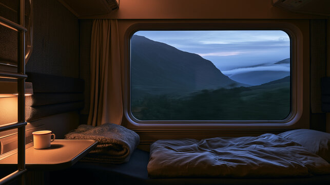 Train sleeper car window view of mountains