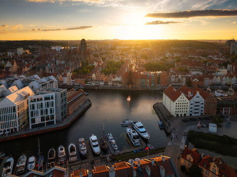 Beautiful panorama of Gdansk city at sunset, Poland