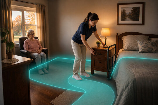 Home care aide arranging accessible bedside space