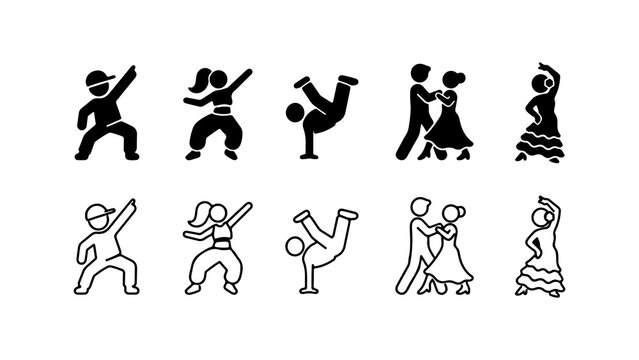 Dance Styles Icon Set in Silhouette and Outline Vector