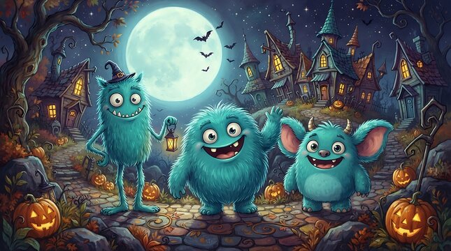 Three cute teal monsters standing in a spooky Halloween village under a full moon