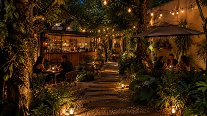 Obraz premium Cozy outdoor garden restaurant at night with warm string lights, diners enjoying meals, and lush greenery creating an intimate ambiance.