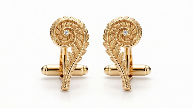 Elegant gold fern cufflinks with diamond accents. Luxury botanical jewelry for formal wear. Intricate leaf design gold cufflinks. isolated PNG with Transparent Background