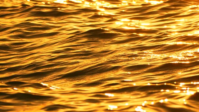 Sunset water waves reflecting golden light on the rippling surface of the sea during a calm evening