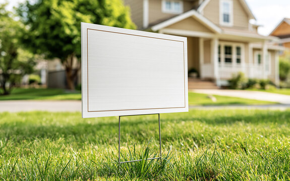 Blank white sign on a green lawn in front of a suburban house. The sign is placed in the foreground, with the house and trees blurred in the background