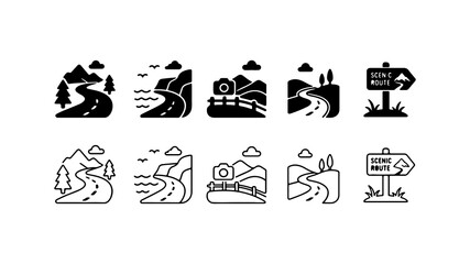 Fototapeta premium Scenic Route and Road Trip Icon Set in Silhouette and Outline Styles
