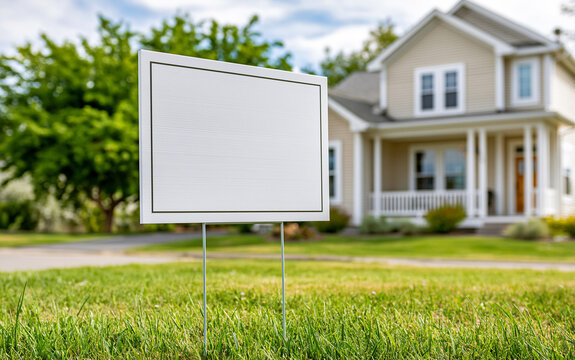 Blank white sign on a green lawn in front of a suburban house. The sign is placed in the foreground, with the house and trees blurred in the background