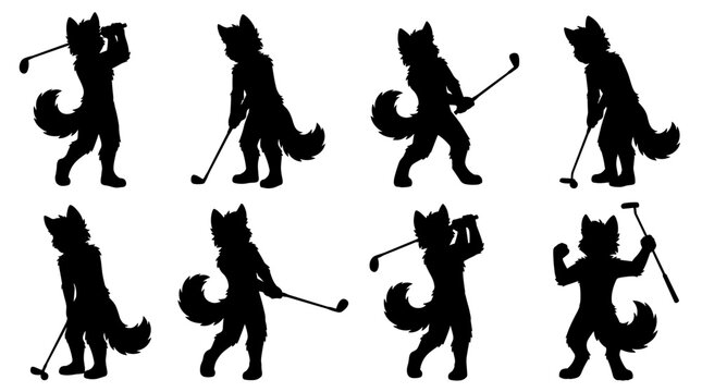 Set of black silhouettes featuring anthropomorphic wolf characters playing golf in various poses, sports action, athletic motion, recreation icons