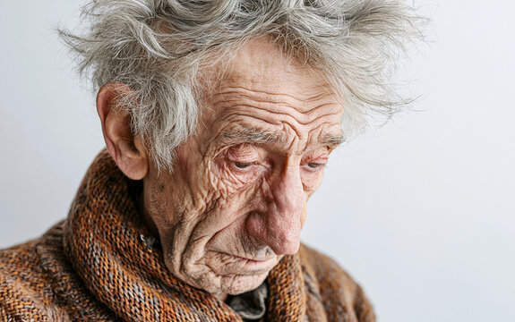 Portrait of a sad elderly man with gray hair looking down