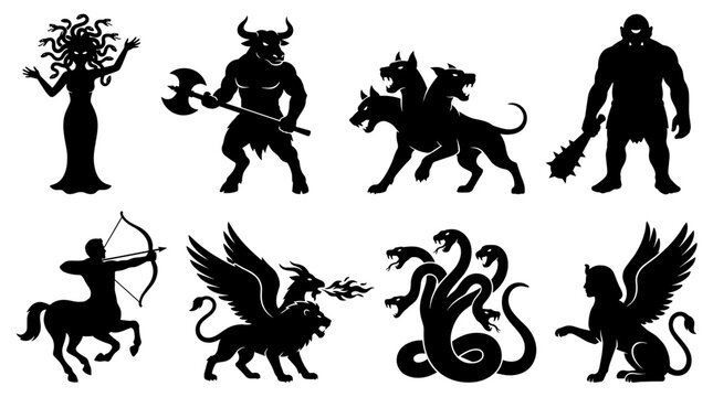 Set of black silhouettes featuring ancient greek mythological creatures like medusa minotaur cerberus and hydra for fantasy stories and educational