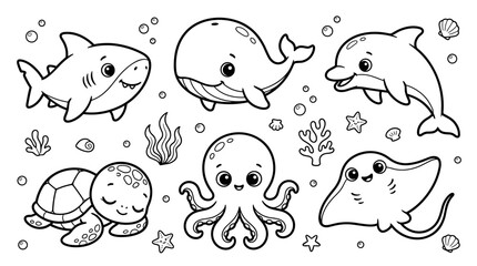 Naklejka premium Black and white line art set of marine animals including shark, whale, dolphin, sea turtle, octopus, and stingray, perfect for kids coloring pages