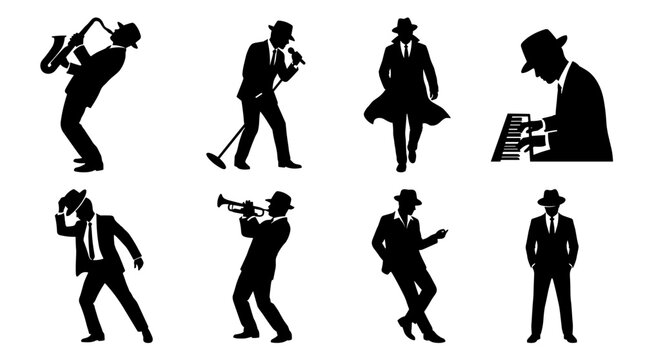 Set of isolated black silhouettes of jazz musicians and dancers, performing instruments, vintage atmosphere, musical performance, entertainment