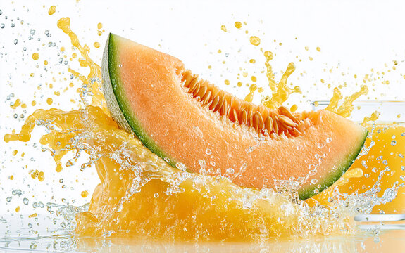 A slice of cantaloupe melon splashing into juice., watery splashes around it