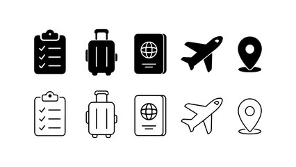 Fototapeta premium Travel Tourism Icon Set in Solid Silhouette and Linear Outline Vector