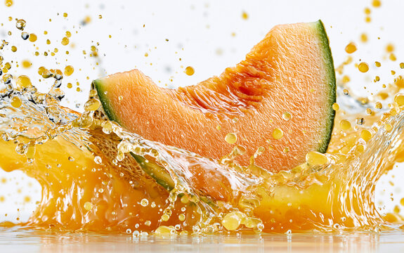 A slice of cantaloupe melon splashing into juice., watery splashes around it
