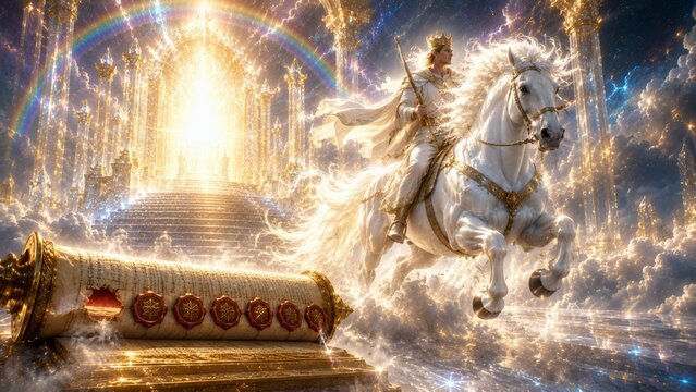 First Seal &mdash; The White Horse and Its Rider | Revelation 6:1&ndash;2  

depicting the white horse and its crowned rider emerging as the first seal is opened, symbolizing conquest and prophetic revelation.  