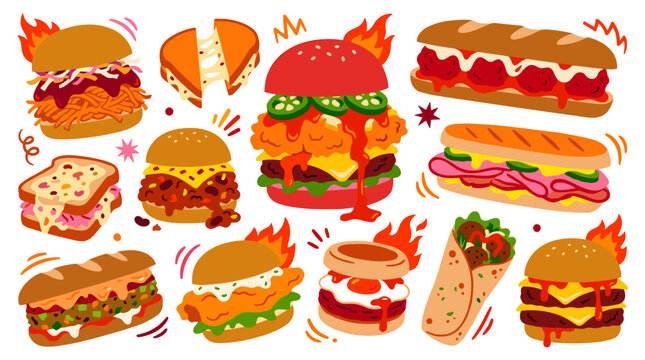 Set of spicy fast food vector illustrations with burgers, sandwiches, and wraps featuring fire elements, bold flavor, street food menu branding