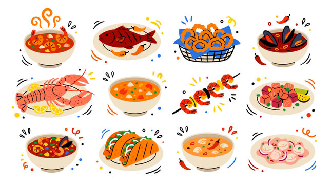 Set of spicy seafood dishes including shrimp, lobster, fish, tacos, soup, and mussels, vibrant food illustration for menu design, culinary concept