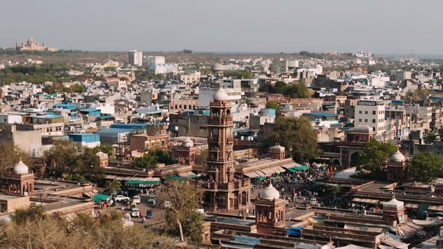 Jodhpur cityscape with sardar market and ghanta ghar clock tower under a clear sky in rajasthan, india