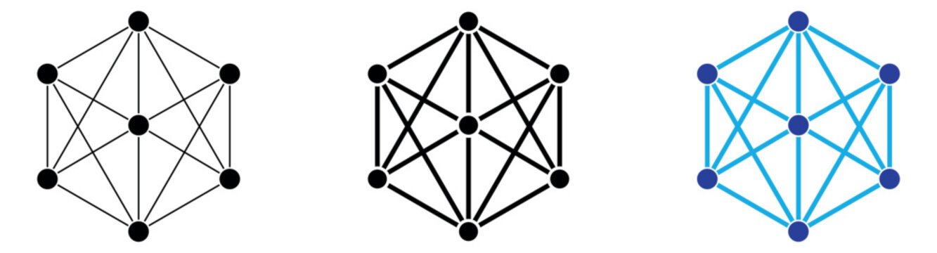 Black vector icon illustration of a hexagonal network structure with interconnected nodes and links, representing digital connectivity, data systems, neural networks, and complex technology.