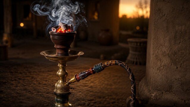 Traditional Hookah with Glowing Charcoal and Rising Smoke