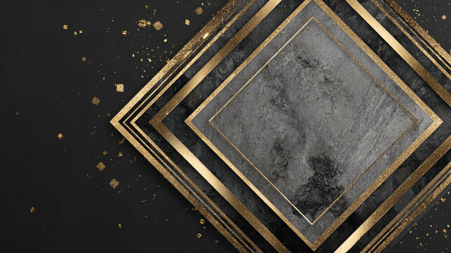 Abstract Black Marble Geometric Framing with Luxury Gold Foil and Glitter Accents Background