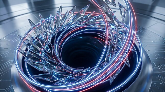 Abstract crystal shards spiraling with vibrant neon light rings above circuits