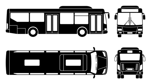 Set of city bus silhouettes in multiple views, side front and top perspective, black vector illustration for transport logistics and transit signage